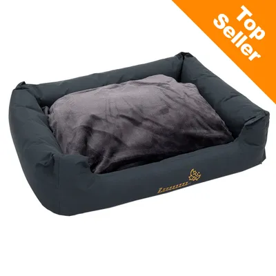 Hundsäng med höga kanter, svart tyg och grå kudde. Orange hörntext: Top Seller. Broderad gul text och hundmotiv på framsidan.