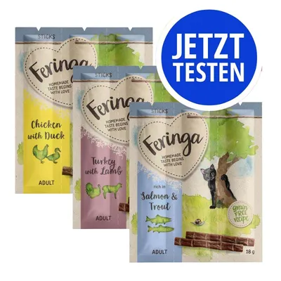 Feringa Sticks: Chicken with Duck, Turkey with Lamb, Salmon & Trout. Aufschrift: Homemade taste begins with love, Adult, grain free recipe. Blauer Kreis: Jetzt testen.