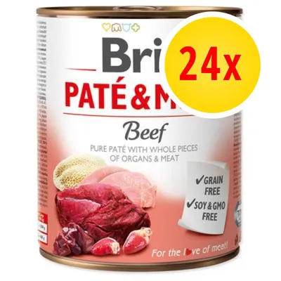 Bri Paté & Meat Beef, confezione da 24x. Testo visibile: Grain free, Soy & GMO free, Pure paté with whole pieces of organs & meat.