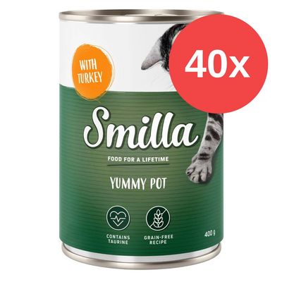Smilla Yummy Pot con tacchino, contiene taurina, ricetta senza cereali, 400 g. Confezione da 40 pezzi visibile sull'immagine.
