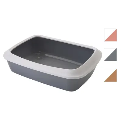 Caja de arena para gatos con bandeja gris y borde blanco, disponible en tres colores: gris, blanco-rosa y blanco-marrón.
