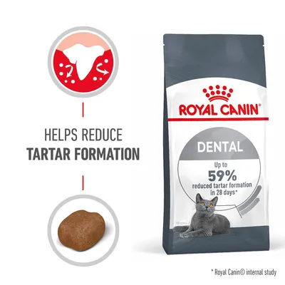 Royal Canin Dental kattefoder. Tekst: Helps reduce tartar formation. Up to 59% reduced tartar formation in 28 days*. Billede af foderpille og kat. *Royal Canin internal study.