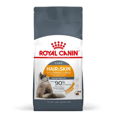 Royal Canin Care Hair & Skin dry food bag showing claim: supports healthy skin and shiny coat, over 90% of owners observed good skin and coat quality after 3 weeks.