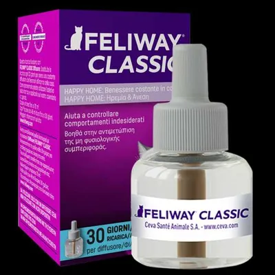 Feliway Classic ricarica 30 giorni per diffusore, aiuta a controllare comportamenti indesiderati nei gatti. Testo visibile: Ceva Santé Animale S.A., www.ceva.com.