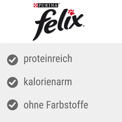 Purina Felix. Proteinreich, kalorienarm, ohne Farbstoffe.