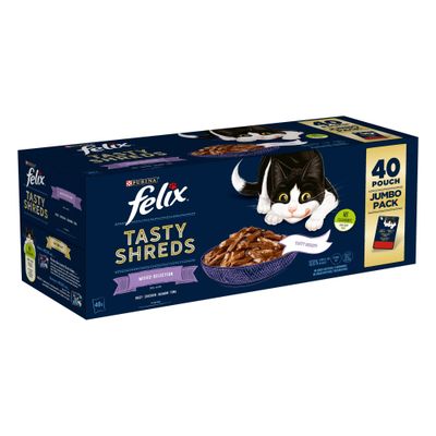 Purina Felix Tasty Shreds Mixed Selection, 40 Pouch Jumbo Pack. Varieties: beef, chicken, salmon, tuna. Free from artificial colourings and flavourings.