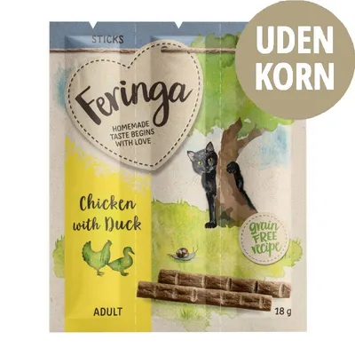 Feringa Sticks Chicken with Duck, ADULT, 18 g. Tekst: HOMEMADE TASTE BEGINS WITH LOVE, grain free recipe, UDEN KORN. Illustration af kat og kylling/and. Produktet vises som stænger.