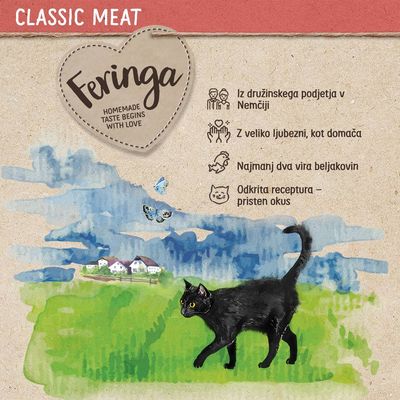 Feringa Classic Meat. Iz družinskega podjetja v Nemčiji, z veliko ljubezni, najmanj dva vira beljakovin, odkrita receptura – pristen okus. HOMEMADE TASTE BEGINS WITH LOVE (v angleščini).