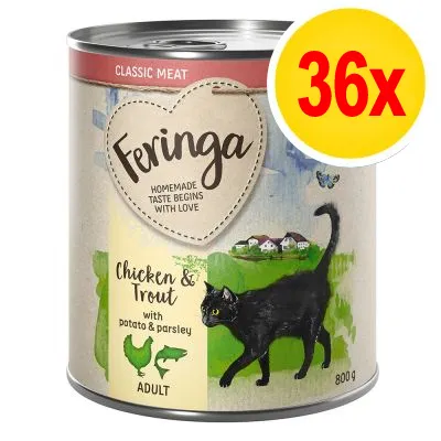 Feringa Classic Meat Chicken & Trout with potato & parsley, ADULT, 800 g. Bild på svart katt. Text: Homemade taste begins with love. Gul cirkel med röd text: 36x. Feringa Classic Meat Chicken & Trout with potato & parsley, ADULT, 800 g. Bild på svart katt. Text: Homemade taste begins with love. Gul cirkel med röd text: 36x.