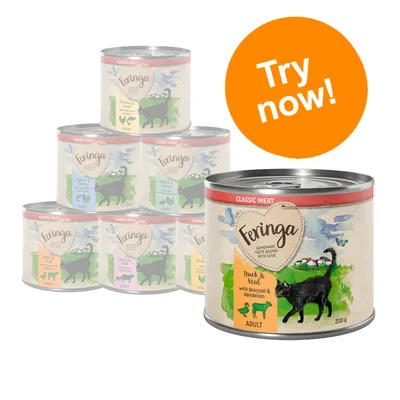 Feringa Classic Meat Adult cat food tins, visible flavour Duck & Veal with broccoli & dandelion, 200g. Orange badge reads: Try now! Feringa Classic Meat Adult cat food tins, visible flavour Duck & Veal with broccoli & dandelion, 200g. Orange badge reads: Try now!