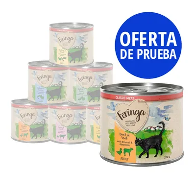 Latas de comida para gatos Feringa Classic Meat Adult, variedad visible: Duck & Veal with broccoli & dandelion, 200 g. Texto destacado: OFERTA DE PRUEBA.