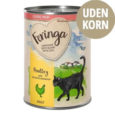 Feringa Classic Meat, Poultry with carrots & dandelion, ADULT. Tekst: HOMEMADE TASTE BEGINS WITH LOVE. UDEN KORN-mærke synligt på dåsen. Illustration af sort kat og høne.