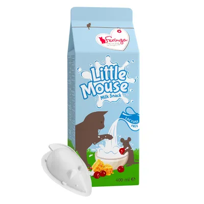 Feringa Little Mouse Milk Snack, Lactose Free, 400 ml. Blå karton med kat og mus illustration samt hvid museformet skål foran pakken.