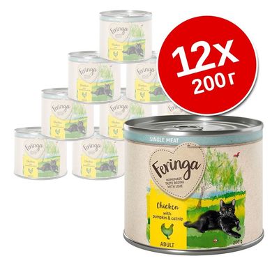 Набор из 12 банок корма Feringa Chicken with pumpkin & catnip для взрослых кошек, по 200 г. На упаковке изображён чёрный кот и курица, видна надпись SINGLE MEAT.
