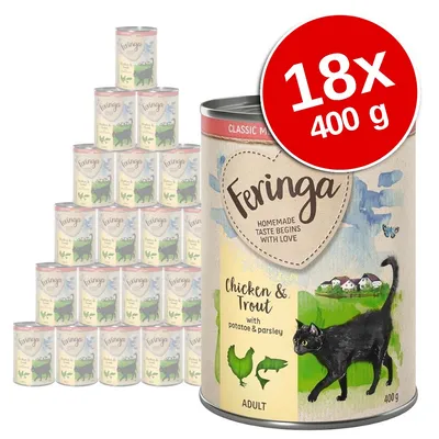 Lot de 18 boîtes Feringa Chicken & Trout with potato & parsley, ADULT, 400 g chacune. Illustration d’un chat noir et pictogrammes poulet et truite visibles sur l’étiquette. Lot de 18 boîtes Feringa Chicken & Trout with potato & parsley, ADULT, 400 g chacune. Illustration d’un chat noir et pictogrammes poulet et truite visibles sur l’étiquette.