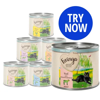 Selection of Feringa adult single meat tins in various flavours, including veal with broccoli and dandelion, chicken, lamb, duck, and salmon. Blue circle with text: TRY NOW.