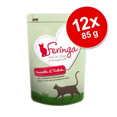 Feringa Kaninchen & Truthahn, 12 x 85 g. Pakkauksessa teksti: mit Sanddorn & Katzenminze. Näkyvissä myös kissasiluetti ja paino 85 g.