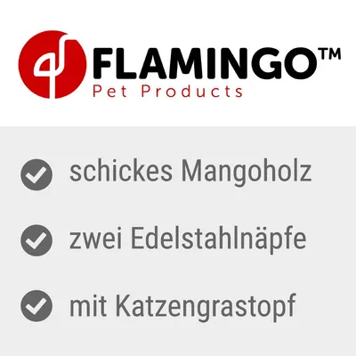 Flamingo Pet Products. Elegant les manga, dve posodi iz nerjavečega jekla, s posodo za mačjo travo.