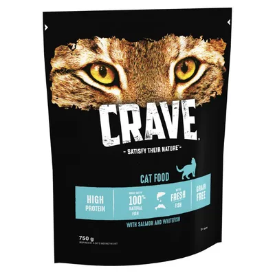 Crave cat food, high protein, made with 100% natural fish, contains fresh fish, grain free, with salmon and whitefish, 750g pack.