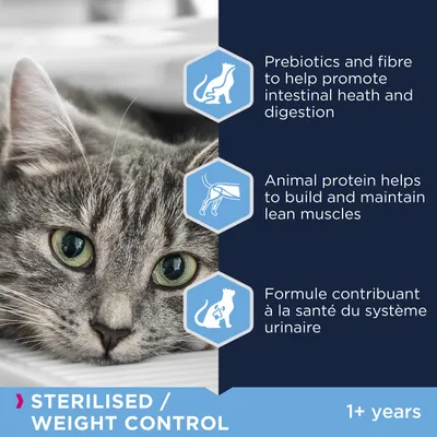 STERILISED / WEIGHT CONTROL, 1+ years. Prebiotics and fibre to help promote intestinal heath and digestion. Animal protein helps to build and maintain lean muscles. Formule en fransk tekst.