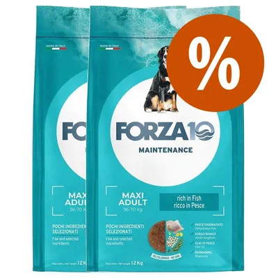 2 sacchi Forza10 Maintenance Maxi Adult 36–70 kg, ricco in pesce, pochi ingredienti selezionati, peso netto 12 kg ciascuno, offerta con simbolo percentuale arancione visibile. 2 sacchi Forza10 Maintenance Maxi Adult 36–70 kg, ricco in pesce, pochi ingredienti selezionati, peso netto 12 kg ciascuno, offerta con simbolo percentuale arancione visibile.