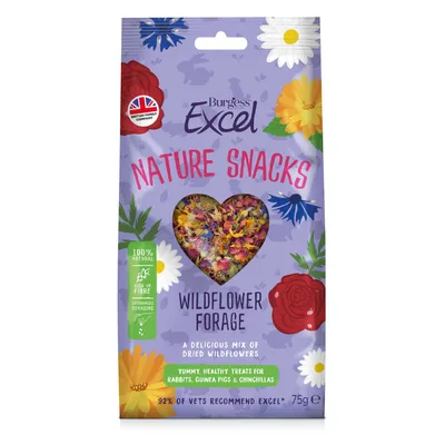 Burgess Excel Nature Snacks Wildflower Forage, 100% natural, high in fibre, encourages foraging, 75g. Suitable for rabbits, guinea pigs and chinchillas. Burgess Excel Nature Snacks Wildflower Forage, 100% natural, high in fibre, encourages foraging, 75g. Suitable for rabbits, guinea pigs and chinchillas.