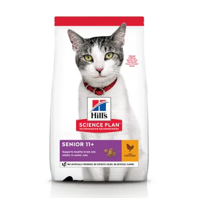 Emballage Hill's Science Plan Senior 11+ pour chats, avec poulet. Texte visible : supports healthy brain and vitality in senior cats, not artificially preserved, no synthetic colors or flavors.