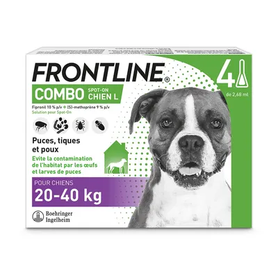 FRONTLINE Combo Spot-On Chien L, 4 pipettes, pour chiens 20–40 kg. Puces, tiques et poux. Évite la contamination de l’habitat par les œufs et larves de puces. Boehringer Ingelheim. FRONTLINE Combo Spot-On Chien L, 4 pipettes, pour chiens 20–40 kg. Puces, tiques et poux. Évite la contamination de l’habitat par les œufs et larves de puces. Boehringer Ingelheim.