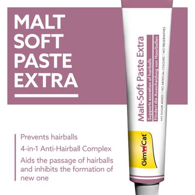 GimCat Malt-Soft Paste Extra, Anti-Hairball Complex, supports elimination and reduces new hairball formation. No added sugar, no artificial colours or preservatives.
