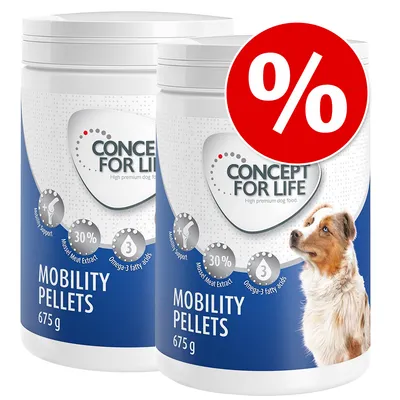Concept for Life Mobility Pellets, 675 g, with mussel extract and omega-3 fatty acids. Offer with red percent sign visible.