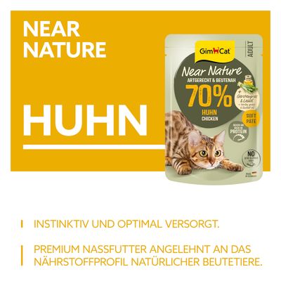 GimCat Near Nature Adult Soft Paté mit 70% Huhn, Gerstengras & Leinöl. Reich an Protein, ohne Getreide & Zuckerzusatz. Made in Germany.