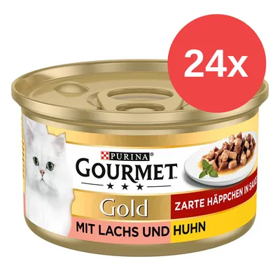 Lata de comida para gatos Purina Gourmet Gold, texto visible: 'MIT LACHS UND HUHN', pack de 24 unidades, imagen de trozos en salsa y gato blanco en el envase.