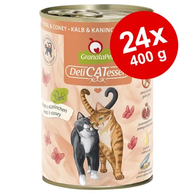 GranataPet DeliCATessen Paté Kalb & Kaninchen, 24x400 g. Tekst: uden korn, granatæblekerner, lakseolie, grønlæbet musling. Illustration af to katte på dåsen.