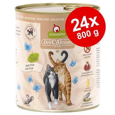 GranataPet DeliCATessen Paté Kalb PUR, 24x800 g. Tekst: uden dyreforsøg, uden korn, granatæblekerner, lakseolie, grønlæbet musling. Illustration af to katte og blå sommerfugle.