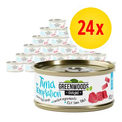 Pack of 24 tins labelled Tuna Temptation, Greenwoods Delight, grain-free recipe, limited ingredients, 75% tuna fillet, 70g each.