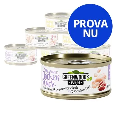Flera burkar Greenwoods Delight våtfoder, synlig text: 'Chicken in Duck', 'grain-free recipe', 'limited ingredients', '70% chicken fillet'. Blå cirkel med texten 'PROVA NU'.