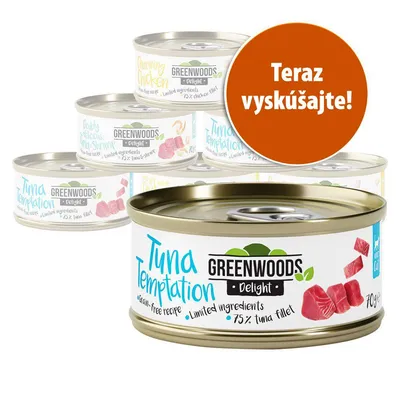 Konzervy Greenwoods Delight, príchute Tuna Temptation a Charming Chicken, nápis na obale: 75 % tuna fillet, grain-free recipe. Oranžový kruh s textom: Teraz vyskúšajte!