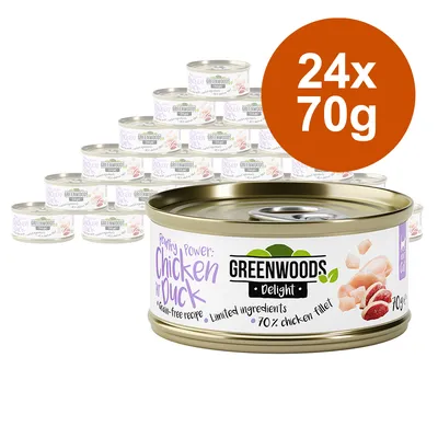 Greenwoods Delight vådfoder, variant Chicken in Duck, kornfri, 70% kyllingefilet, pakke med 24 dåser à 70g.