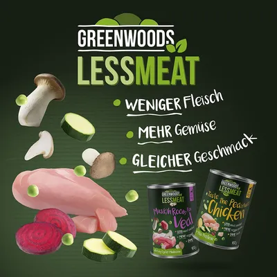 Greenwoods Less Meat. Weniger Fleisch, mehr Gemüse, gleicher Geschmack. Dosen: 'Mushroom for Veal' und 'Taste the Pea-fect Chicken', jeweils 400g.