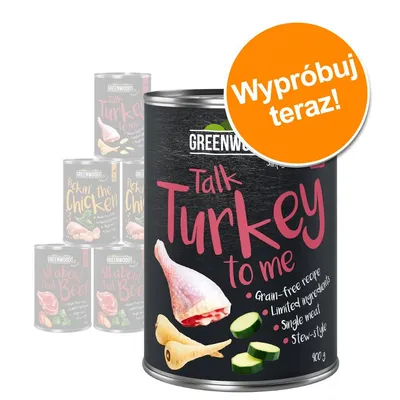GREENWOODS Talk Turkey to me, puszka 400 g. Widoczne hasło: Wypróbuj teraz! Tekst na opakowaniu: grain-free recipe, limited ingredients, single meat, stew-style.