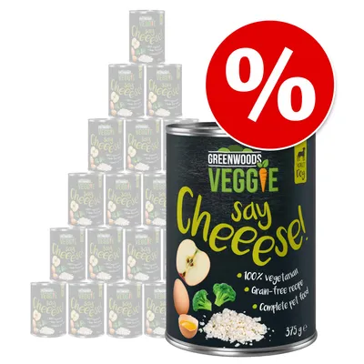 Greenwoods Veggie say Cheeese! 100% vegetarian, grain-free recipe, complete pet food, 375 g. Stapel med flera burkar och röd procent-symbol för rabatt.
