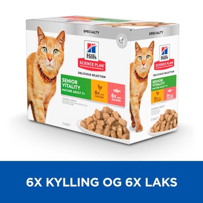 Hill's Science Plan Senior Vitality Mature Adult 7+, pakke med 6x kylling og 6x laks, vådfoder til kat. Synlige stykker i sovs på emballagen.