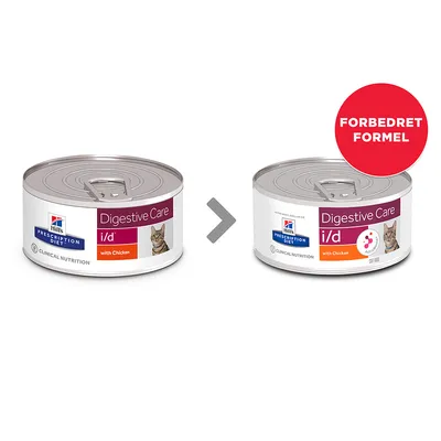 To Hill's Prescription Diet Digestive Care i/d with Chicken kattemad dåser, før og efter designændring. Rød cirkel med teksten 'FORBEDRET FORMEL' på den nye dåse. To Hill's Prescription Diet Digestive Care i/d with Chicken kattemad dåser, før og efter designændring. Rød cirkel med teksten 'FORBEDRET FORMEL' på den nye dåse.