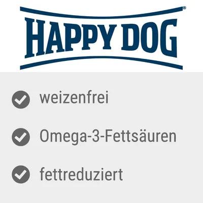 Happy Dog. weizenfrei, Omega-3-Fettsäuren, fettreduziert. Text in German.