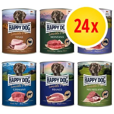 Confezione 24x di lattine Happy Dog Sensible Pure: Texas (tacchino), Montana (cavallo), Buffalo, Germany (manzo), France (anatra), Neuseeland (agnello). Testo 'Made in Germany' visibile.