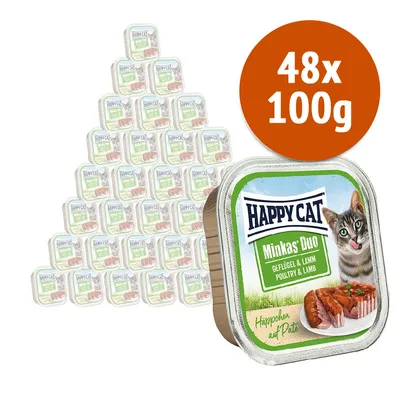 Confezione da 48 vaschette Happy Cat Minkas Duo Geflügel & Lamm, 100 g ciascuna. Immagine della confezione con gatto e piatto di paté visibili sull'etichetta.