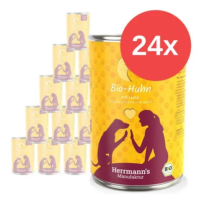 24x konzervy Herrmann's Manufaktur Bio-Huhn mit Hirse, Organic chicken with millet, žluté balení s fialovým motivem psa a osoby, označení BIO. 24x konzervy Herrmann's Manufaktur Bio-Huhn mit Hirse, Organic chicken with millet, žluté balení s fialovým motivem psa a osoby, označení BIO.