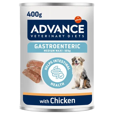 ADVANCE Veterinary Diets Gastroenteric Medium Maxi >10 kg, 400 g, with Chicken. Pomáha črevnému zdraviu. Na obale obrázok psa a plátkov krmiva. ADVANCE Veterinary Diets Gastroenteric Medium Maxi >10 kg, 400 g, with Chicken. Pomáha črevnému zdraviu. Na obale obrázok psa a plátkov krmiva.