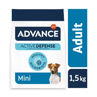 Confezione di crocchette Advance Active Defense Mini Adult 1,5 kg, con scritta Healthy Microbiota e immagine di un cane piccolo sulla parte frontale.