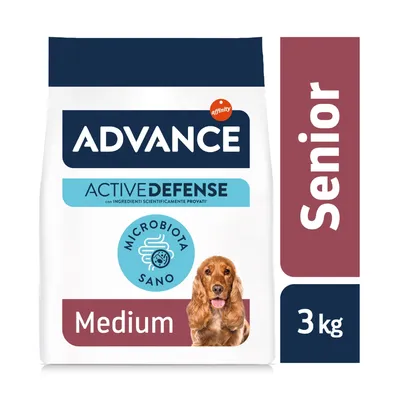 Advance Active Defense Senior Medium per cani, 3 kg. Testo visibile: con ingredienti scientificamente provati, Microbiota sano. Immagine di un cane di taglia media. Advance Active Defense Senior Medium per cani, 3 kg. Testo visibile: con ingredienti scientificamente provati, Microbiota sano. Immagine di un cane di taglia media.